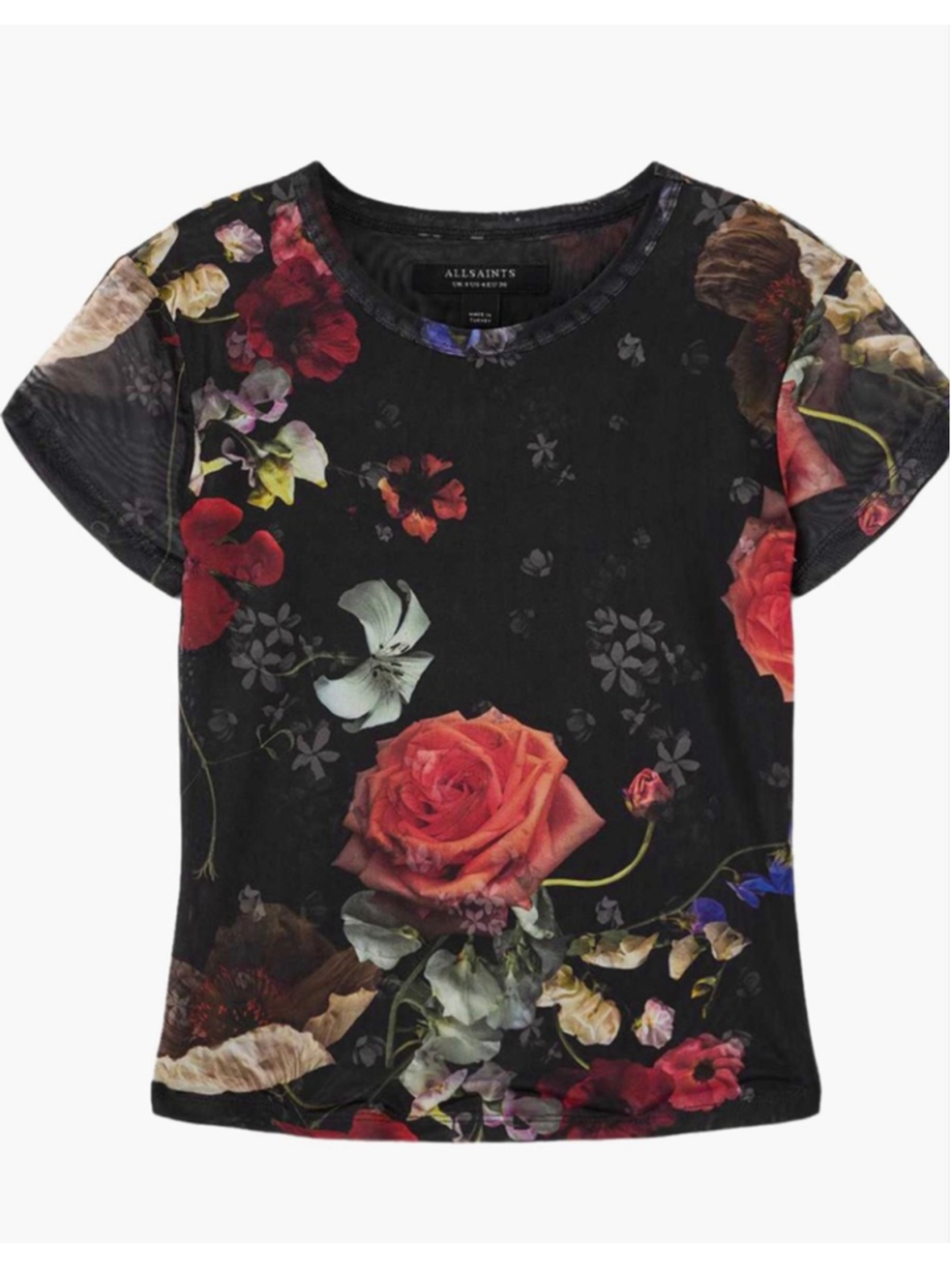 Women's AllSaints Floral Mesh Short Sleeve Tee S Black Red - Picture 2 of 2